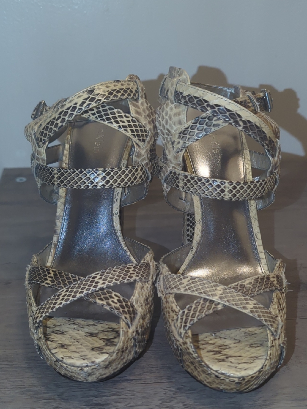 Calvin Klein Snake-Embossed Strappy Platform Heels - Beige